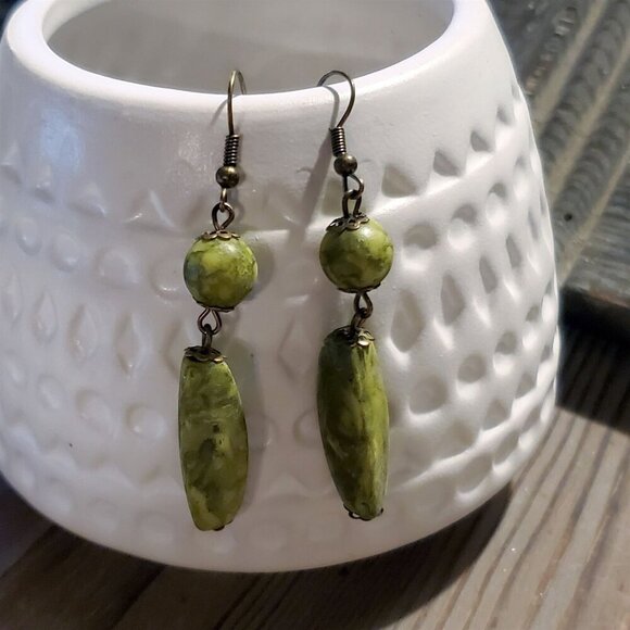 Handcrafted Lightweight Rustic Bronze Metal Mottled Green Acrylic Earrings - Picture 1 of 4